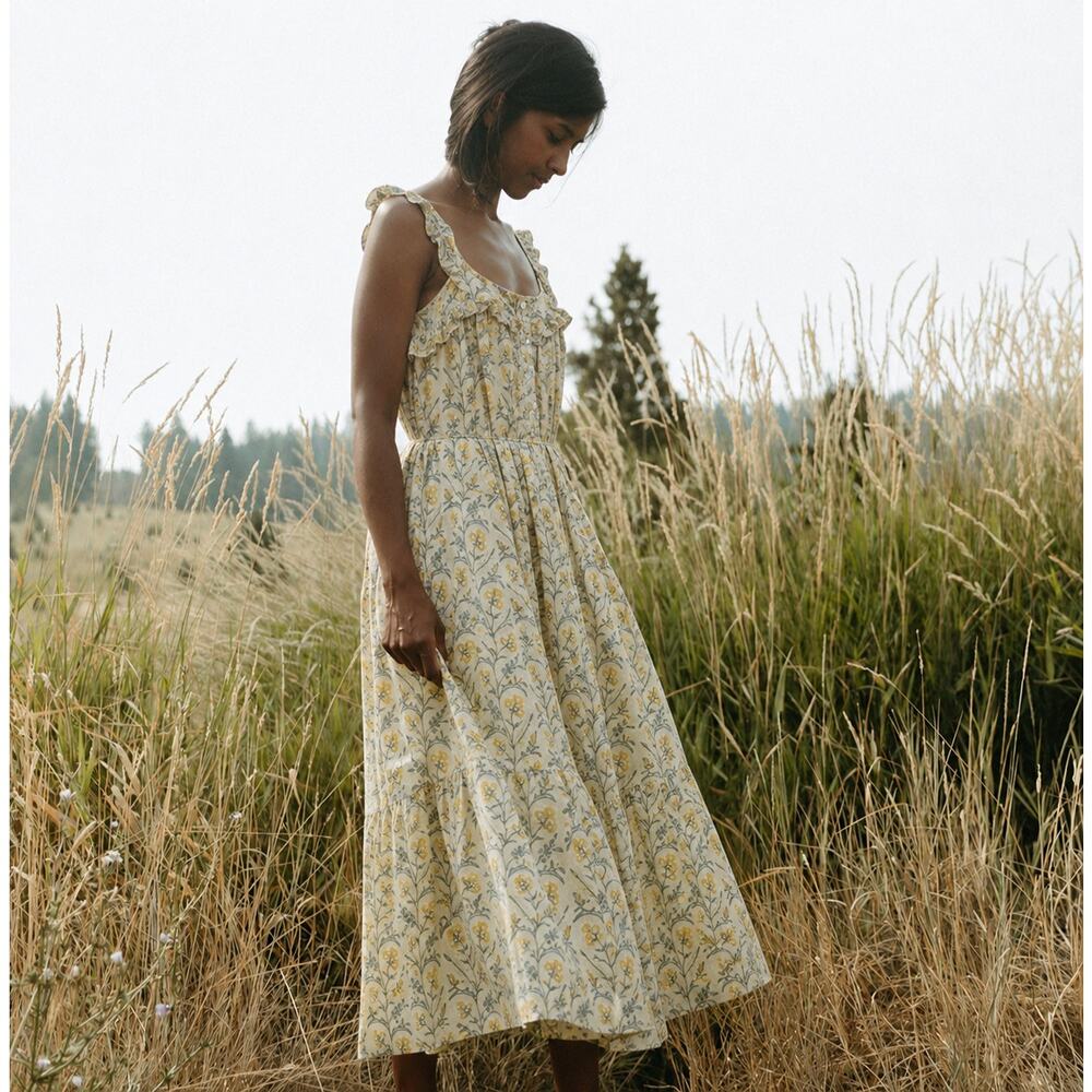 LALI Floral Swiss Dot Maxi Dress Butter Yellow XS